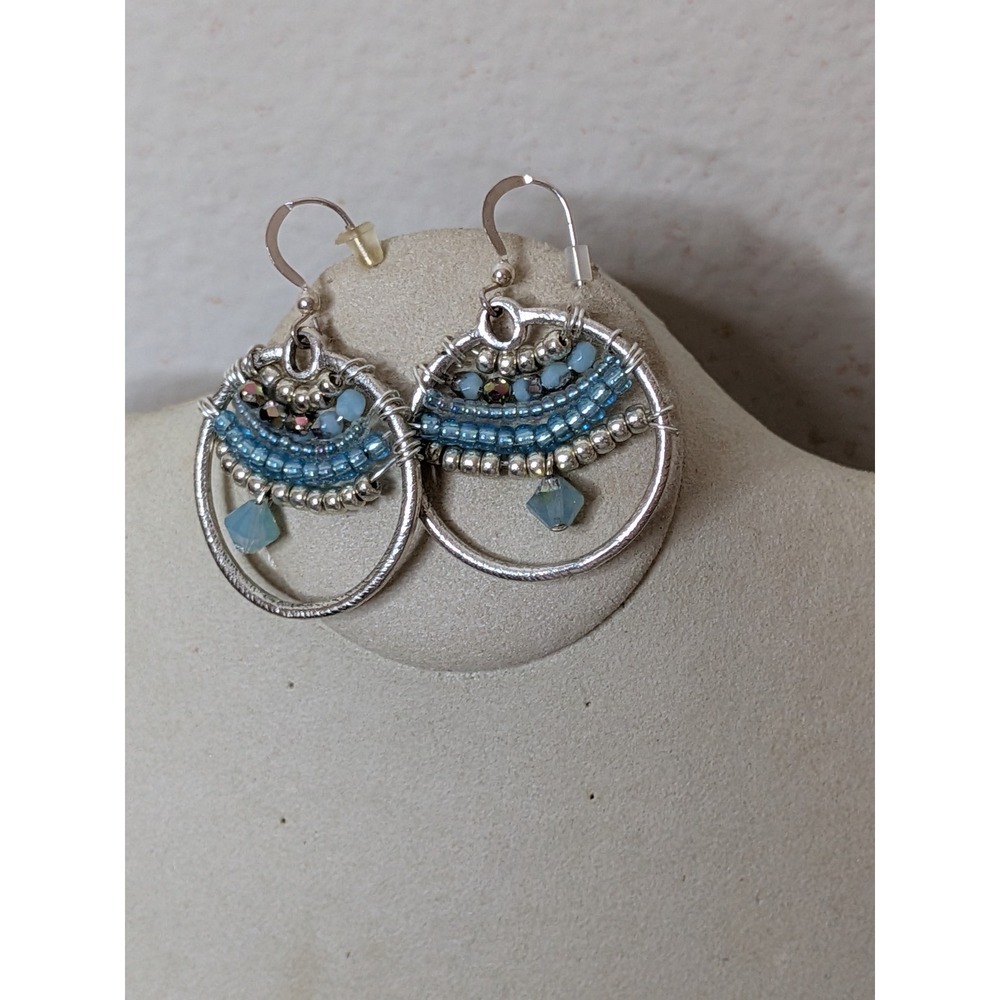 Boho Beaded Hoop Earrings Blue Silver Tone Dangle Drop